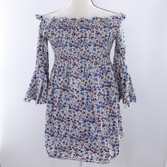 Mango Smocked Off Shoulder Floral Bell Sleeve Button Front Mini Dress XS - Picture 6 of 8